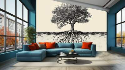 Hand-drawn illustration of a tree with roots, symbolic and artistic, environmental conservation Wall mural