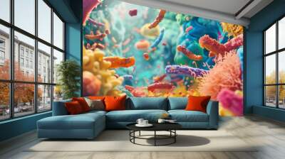 Professional scene depicting Bifidobacterium bifidum bacteria thriving in a healthy gut, with intricate details and vibrant colors. Wall mural