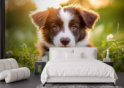 An adorable fluffy border collie puppy with large brown eyes and floppy ears frolics alone in a sunlit green meadow. Wall mural