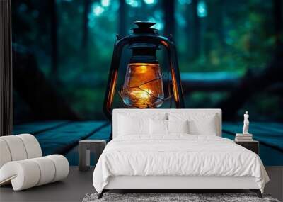 Creating a camping ambiance with an oil lamp on forest wood. Wall mural