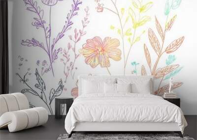 Kid-friendly doodle design featuring transparent background floral line art in soft pastel colors. Wall mural