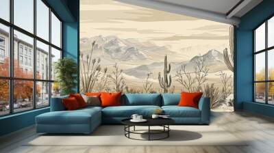 Old-style illustration of a desert landscape with cacti in 4K UHD. Wall mural