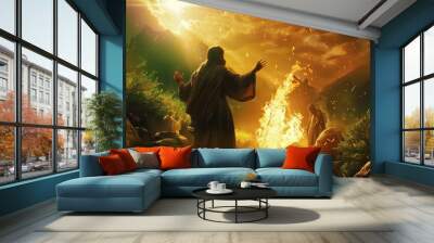 person in the par - A dramatic, high-resolution image depicting the biblical moment of Moses encountering God at the burning bush., Ideal for religious projects, presentations, or artistic expressions Wall mural