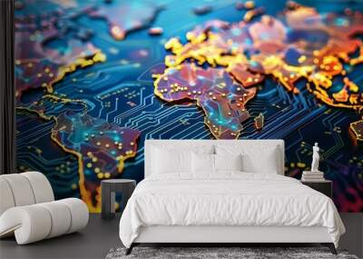 This intricate map visualizes the complex global semiconductor supply chain, highlighting the geopolitical tensions surrounding integrated circuits. Wall mural