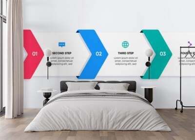 4 steps infographic hexagonal design with arrows. Infographic step-by-step design with shadow and icon. Wall mural