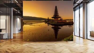 hindu water temple in bali, pura ulun danu bratan, features pagodas, gardens, lotus ponds, set again Wall mural