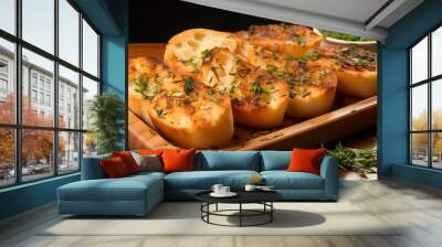 A delicious italian food focaccia bread in a wooden Wall mural