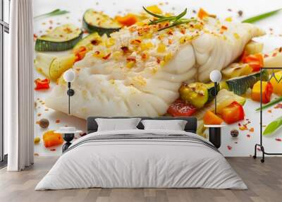 fillet of white fish lies on top of pieces isolatedon white background Wall mural