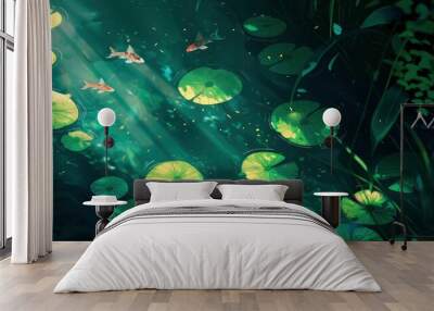 An illustration of lily pads floating on the water with fish swimming in it, seen from above in a cartoon style with a simple flat design at a high resolution Wall mural