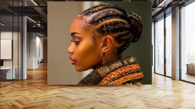 Black Girl with Braided Hairstyle, Side Profile, Ethnic and Elegant Look, Detailed Texture and Modern Fashion Wall mural