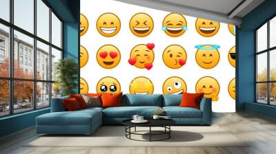 Emoji reactions. Funny emoticons faces with facial expressions. Social media emojis. Icon for website design, mobile app. Collection of emoji reactions for social media. Vector illustration Wall mural