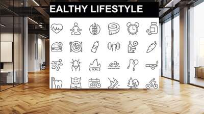 Healthy lifestyle icon set. Contains such Icons as diet, exercise, sleep, running, routine, gym, nutrition, cardio exercises, sports supplements, yoga, self-care, culture and hobbies icons Wall mural