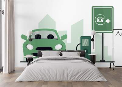 Illustration of electric vehicle charging station with a car on city view background. Charging electric car battery at electric recharge station. Сoncept illustration for green environment, ecology Wall mural