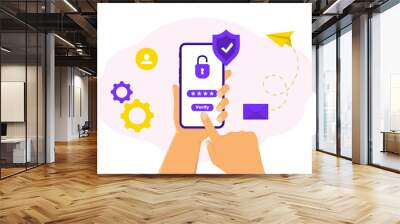 Mobile OTP secure verification method. Mobile phone in hand. One-time password for secure transaction. Security one time password verification for mobile app on smartphone screen. 2-Step verification Wall mural