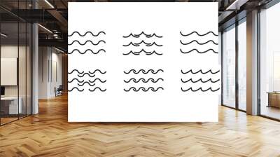 Sea wave icon set. Set of thin line waves. Various wave water lake river. Water logo, line ocean symbol in vector flat style. Seamless abstract line pattern. Water outline symbol. Sea and Ocean signs Wall mural