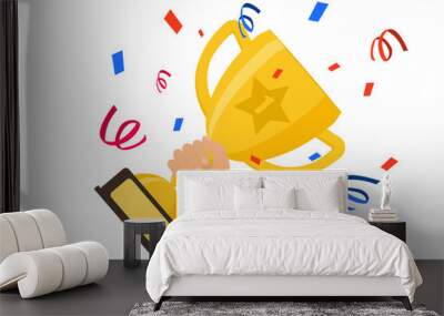 Winner prize goblet. First place champion trophy reward. Hand holding gold trophy cup. Success and business achievements concept with award cup and confetti. Vector illustration Wall mural