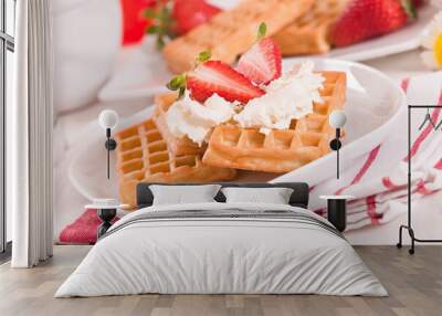 Waffles with strawberries and whipped cream. Wall mural