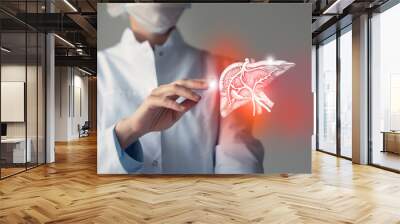 Unrecognizable doctor caring highlighted blue handrawn Liver. Medical illustration, template, science mockup. Wall mural