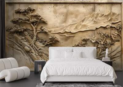  Stucco Relief painting of a mountain range with a tree in the foreground Wall mural