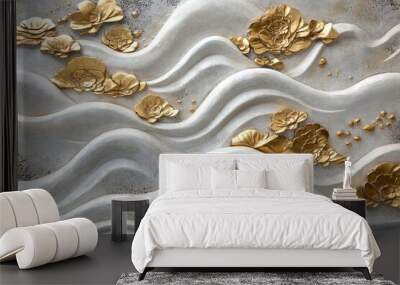 A gold and white painting of a river with flowers on it Wall mural