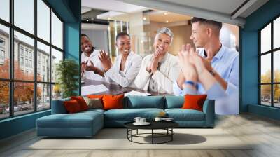 Presentation, applause and business people meeting in office for goals, sales target and marketing strategy. Teamwork, celebration and group of workers clapping hands for success, victory and support Wall mural