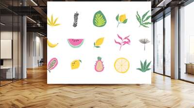 Abstract tropical fruit and forest leaf collection. Modern exotic jungle plant illustration, pattern. Trendy doodle and abstract nature icons, organic shapes on isolated background. Matisse art style Wall mural