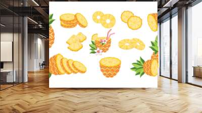 Set of ripe fresh pineapple, pieces and slices. Pineapple fruit, whole and half.  Vector illustration  in flat style on white background. Poster, emblem natural product.  Wall mural