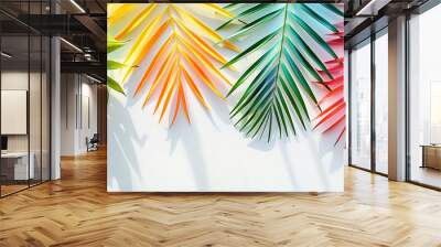 A playful and bright summer concept featuring illustrated palm leaves in a spectrum of tropical colors arranged on a crisp white background for a fresh Wall mural