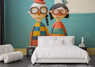 A playful depiction of an engineer man and a teacher woman drawn in a charming cartoon style Wall mural