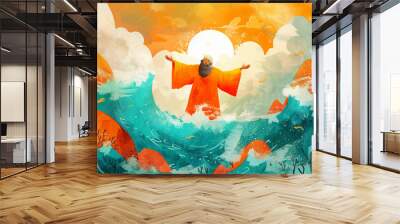 An illustration of a happy Moses parting the Red Sea drawn in a lovely cartoon style with vibrant colors Wall mural