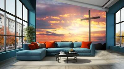 Crucifixion Of Jesus Christ and worship with faith in Good friday night.2021 worship hope pray in church - Easter, Good friday jesus in cross on resurrection sunday.Good friday and Easter concept. Wall mural