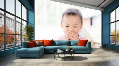 Happy Little asian baby boy eating jam roll at home in summer.Concept for dessert in meal and happy hungry face in food. Wall mural