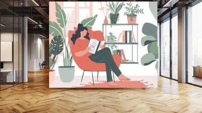 Woman Reading Book in Armchair Relaxing with Fiction Literature Wall mural