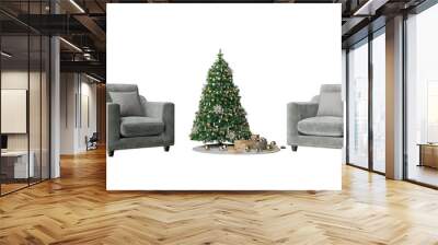 a christmas tree and two chairs in front of a christmas tree Wall mural