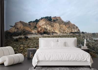 Boulders by the sea on cloudy days Wall mural