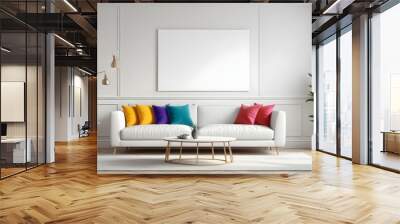 Photo modern style interior room 3d illustration Interior,Kitchen,Washrooms frame living room with colorful white sofa,led with blank frame Wall mural