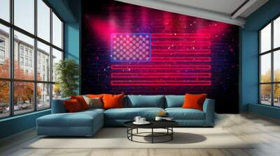  USA flag neon sign. Night bright Signboard USA flag. American flag on an old brick wall, neon light. National Day USA. Festive background with American neon flag. Dark room, corridor, tunnel neon  Wall mural