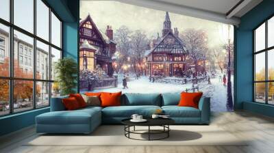 A fabulous winter town with old streets and Victorian style houses. Winter streets, lanterns, December. Winter festive Christmas decorations of the city. Card. Wall mural