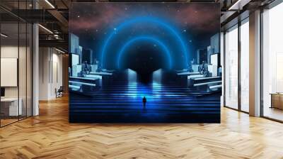 Abstract, futuristic city of concrete and neon. Night city view, illumination. Dark street, abstract scene, neon rays. 3D illustration. Wall mural