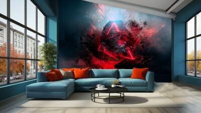 Abstract background with comet explosion. Dark room with smoke, burning stone, laser beam, red neon. Space explosion in the room. Wall mural