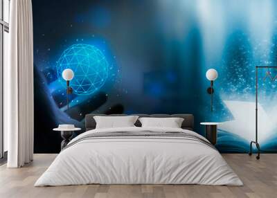 Abstract blue background with neon lights. Polygonal ball shine in your hand and an open book with a magical light. Wall mural