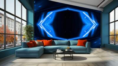 Abstract blue dark background with lines and rays. Symmetric reflection of neon light. Light tunnel, sparks. The movement of light. Night view. Wall mural