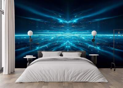 Abstract blue futuristic background, data center, data transfer, rays and lines, blue neon. Reflection of light in space. Dark futuristic empty scene. 3D illustration. Wall mural