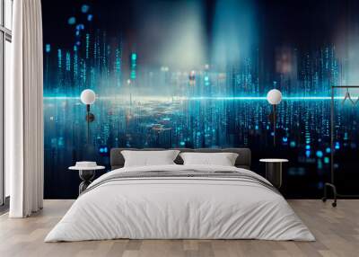 Abstract blue futuristic background, data center, data transfer, rays and lines, blue neon. Reflection of light in space. Dark futuristic empty scene. 3D illustration. Wall mural