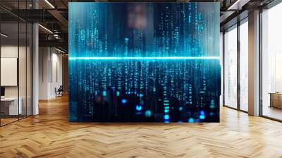 Abstract blue futuristic background, data center, data transfer, rays and lines, blue neon. Reflection of light in space. Dark futuristic empty scene. 3D illustration. Wall mural