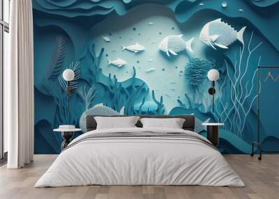 Abstract blue underwater world with fish, algae, corals, sea waves, paper cut background. AI Wall mural