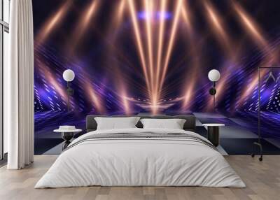 Abstract dark background empty scene. Neon lights, rays and lines. Light spotlights. Night view, neon. Wall mural