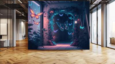 Abstract fantasy floral sci-fi neon portal. Flower plants with neon illumination. AI Wall mural