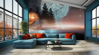 Abstract fantasy halloween background. Night landscape with a magical island, pumpkin and shining eyes. Dark forest, lkna, reflection in the river. Wall mural