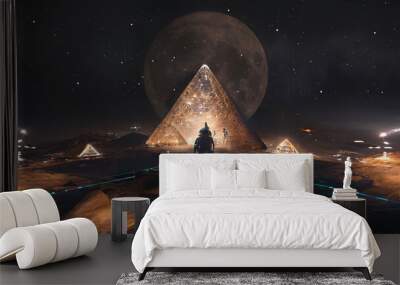 Abstract fantasy night landscape with pyramids, light effects. Night futuristic landscape, lights, desert, sand, light rays and sea waves. Modern abstraction of a futuristic world.  Wall mural